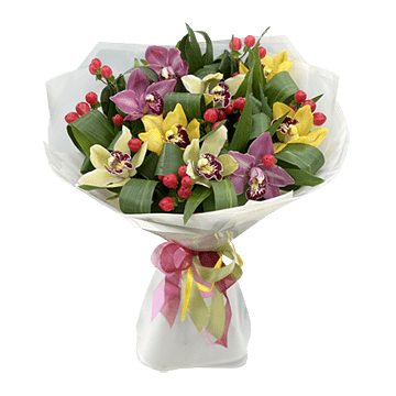 Blumenstrauß Orchideen und Hypericum