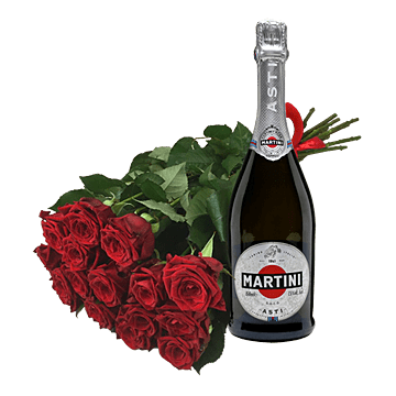 Blumenstrauß aus roten Rosen und Sekt