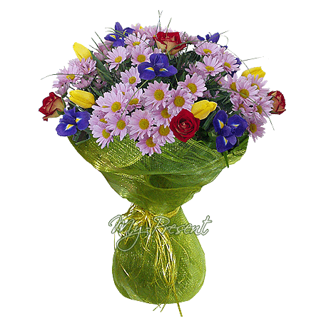 Blumenstrauß aus Chrysanthemen, Irisen, Rosen