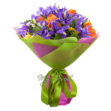 Blumenstrauß aus Tulpen, Irisen und Alstroemerien