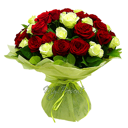 Blumenstrauß aus roten und weißen Rosen (60 cm.)