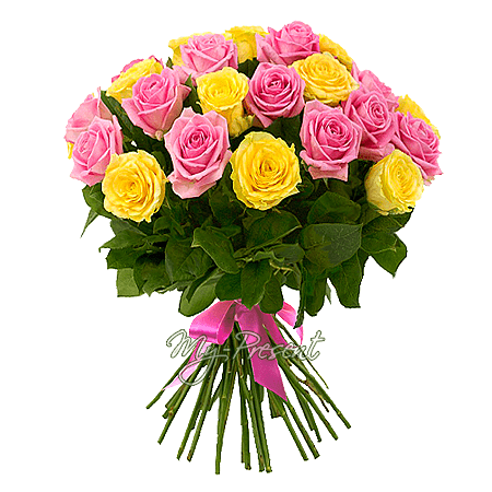 Blumenstrauß aus den gelben und rosigen Rosen (60 cm.)