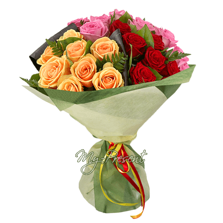 Blumenstrauß aus den vielfarbigen Rosen (60 cm.)