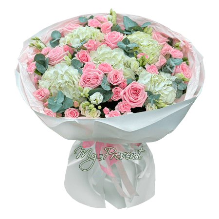 Blumenstrauß aus Hortensien, Rosen und Lisianthus