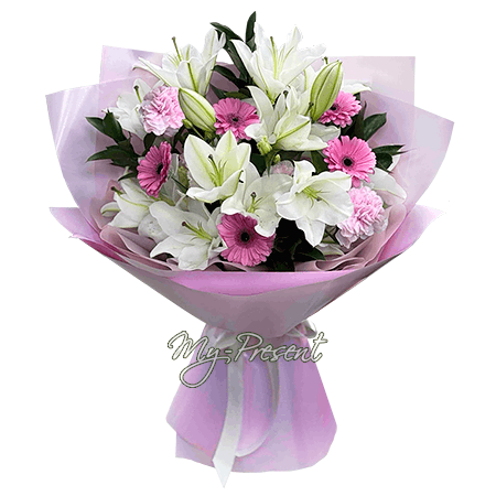 Strauß aus Lilien, Gerbera und Nelken — eine ausdrucksstarke und harmonische Komposition